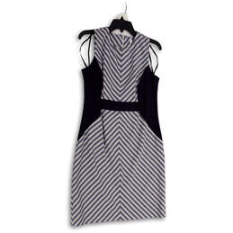 Womens Blue Gray Striped Sleeveless Round Neck Back Zip Sheath Dress Sz 10