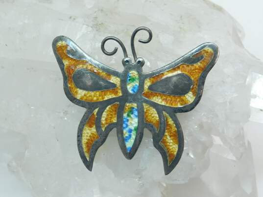 VNTG Mid Century Signed J Mexico 925 Sterling Silver & Enamel Butterfly Brooch image number 5
