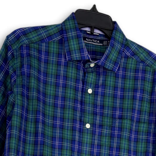 Mens Blue Green Plaid Long Sleeve Spread Collar Button-Up Shirt Size Medium image number 3