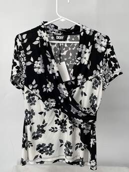 Womens Black Cream Floral Matte Jersey Faux Wrap Top Size L T-0488838-N