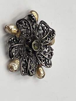 Sterling Silver Womens Green Crystal Textured Flower Brooch 11.6g