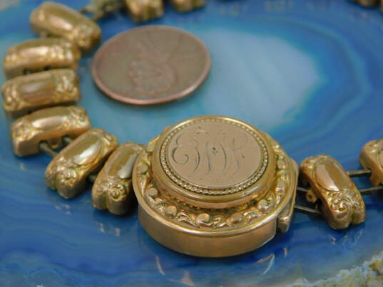 Antique Victorian Gold Filled Etched Monogram Slide Charm Book Chain Bracelet For Repair 27.8g image number 8