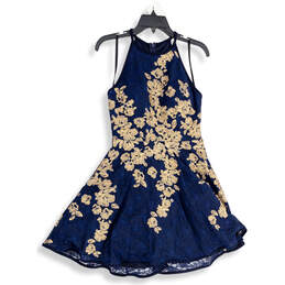 Womens Blue Gold Floral Halter Neck Back Zip Fit & Flare Dress Size 10P