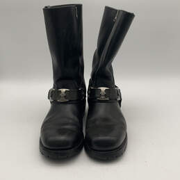 Mens Black Leather Square Toe Side Zip Mid Calf Motorcycle Boots Size 10