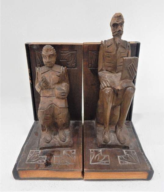 Don Quixote Sancho Bookends Pair Hand-Carved Wooden Vintage Quijote Spain image number 2