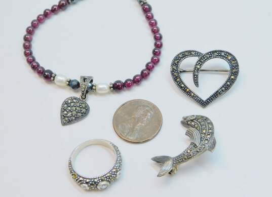 Romantic 925 Marcasite Heart Pendant Garnet & Pearl Granulated Beaded Necklace Cubic Zirconia Band Ring & Dolphin & Swirl Brooch 31.1g image number 4
