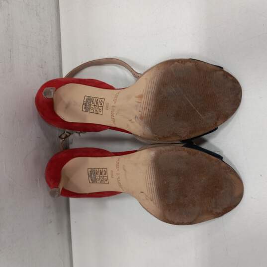 Women's Black/Red/Tan Suede Open Toe Heels Size 6.5M image number 5