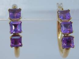 14K Gold Amethyst Faceted Squares Accented Hoop Earrings 1.6g