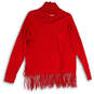 Womens Red Long Sleeve Turtle Neck Fringe Hem Pullover Sweater Size Medium image number 2