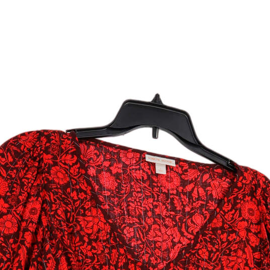 Womens Red Floral Long Sleeve Metallic Stripes Pullover Blouse Top Size L image number 3