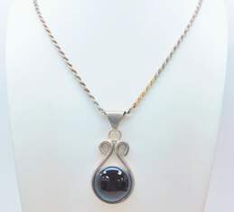 Mexican Artisan 925 Sterling Silver Onyx Pendant On Rope Chain Necklace 57.6g alternative image