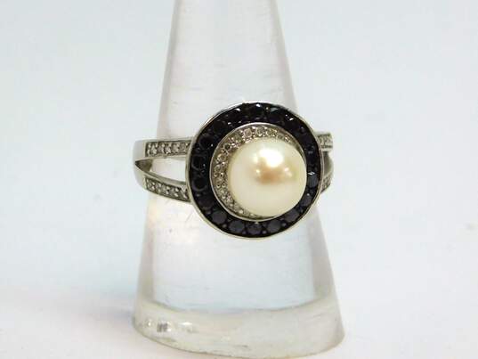 10K White Gold 0.64 CTTW Black & White Diamond Cultured Pearl Ring 5.2g image number 1