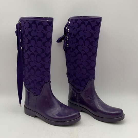 Coach Womens Purple Signature Print Mid Calf Lace-Up Rubber Rain Boots Size 8.5 image number 1