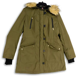 Womens Green Fur Hooded Zipped Pockets Long Sleeve Parka Jacket Size Large
