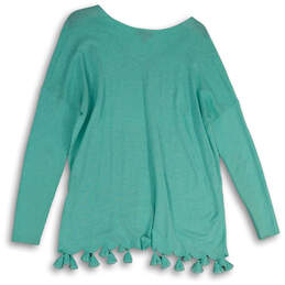 NWT Womens Turquoise Knitted Fringe Hem V-Neck Pullover Sweater Size M alternative image