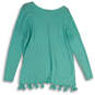 NWT Womens Turquoise Knitted Fringe Hem V-Neck Pullover Sweater Size M image number 2