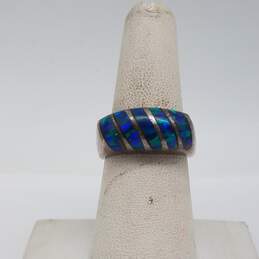 Sterling Silver Opal Inlay 9.5mm Band Sz 7 Ring 13.4g