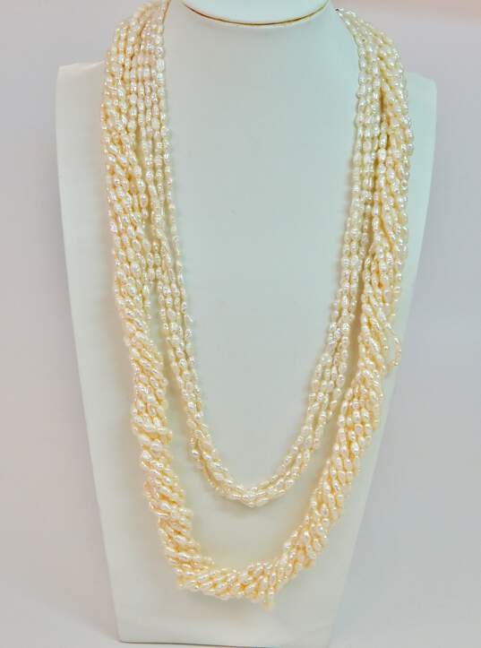 Sterling Silver Rice Pearl Necklaces & Shrimp Hoop Earrings 228.6g image number 3