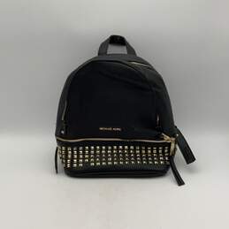 Womens Black Leather Studded Adjustable Strap Zipper Backpack Bag