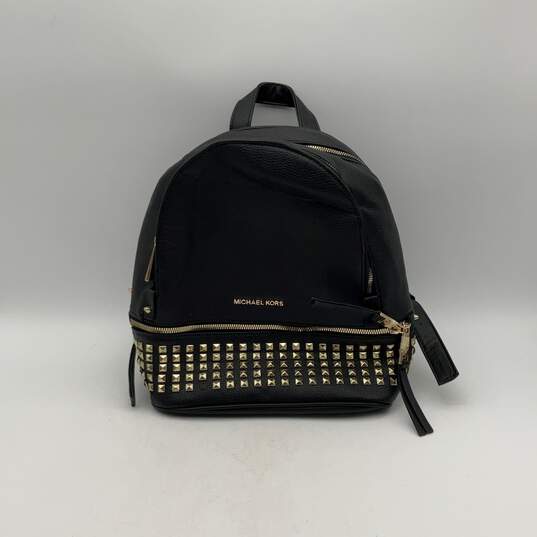 Womens Black Leather Studded Adjustable Strap Zipper Backpack Bag image number 1