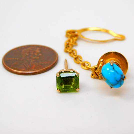 VNTG 10k Yellow Gold Turquoise Cabochon & Asscher Cut Peridot Pins 4.2g image number 6