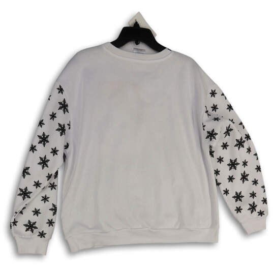 Womens White Printed Crew Neck Long Sleeve Pullover Sweatshirt Size L image number 2