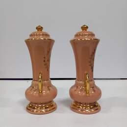 Pair of Vintage Mantle Urns Pink w/ Flowers alternative image