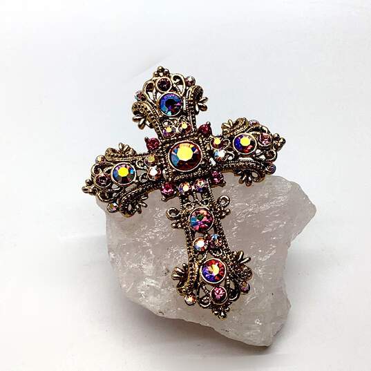 Designer Kirks Folly Gold-Tone Crystal Rhinestone Cross Pendant Brooch Pin image number 1