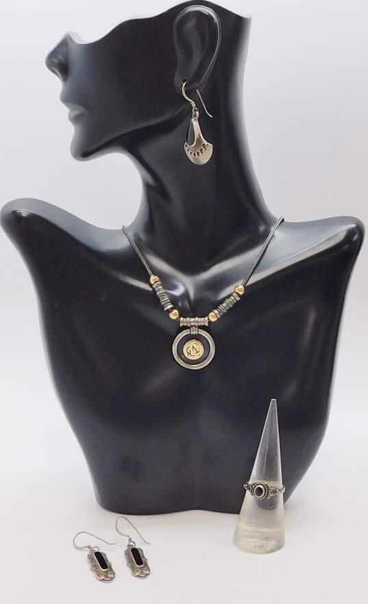 Artisan 925 Geometric Pendant Necklace w/ Textured Onyx Earrings & Ring 25.8g image number 1