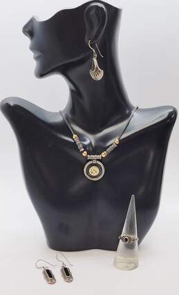 Artisan 925 Geometric Pendant Necklace w/ Textured Onyx Earrings & Ring 25.8g