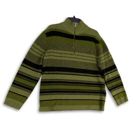 Mens Green Black Striped Long Sleeve 1/4 Zip Pullover Sweater Size Large