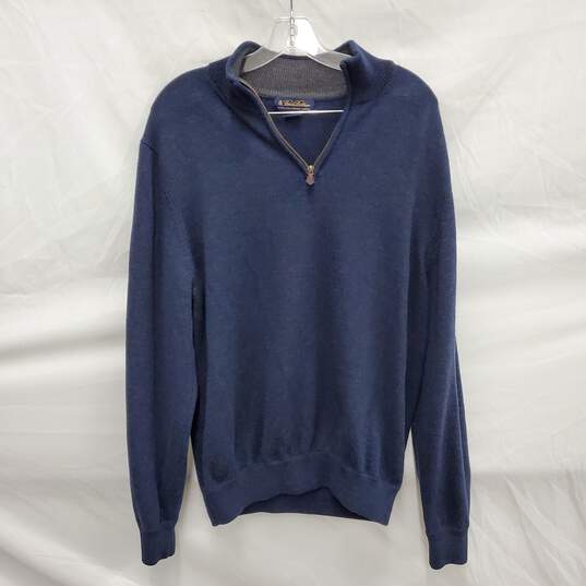 Brooks Brothers Extra Fine Italian 100% Merino Wool Navy Blue Half Zip Sweater Size XL image number 1