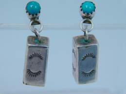 Artisan 925 Southwestern Turquoise Cabochon & Stamped Rectangle Cube Drop Post Earrings 6.1g