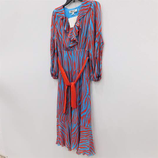 Diane von Furstenberg Jaxson Ruffled Crepe de Chine Blue & Red Zebra Print Women's Midi Dress Size S NWT with COA image number 2