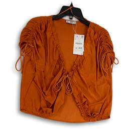 NWT Womens Orange Ruched Pleated Drawstring V-Neck Blouse Top Size L