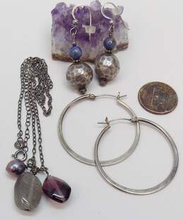 Rustic 925 Labradorite Dark Pearl & Purple Glass Tassel Pendant Necklace & Lapis Lazuli & Hammered Ball Bead Drop & Flat Hoop Earrings 17.1g alternative image