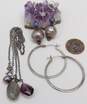 Rustic 925 Labradorite Dark Pearl & Purple Glass Tassel Pendant Necklace & Lapis Lazuli & Hammered Ball Bead Drop & Flat Hoop Earrings 17.1g image number 2