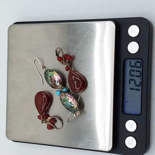925 Sterling Silver Dangle Earrings, w/ Abalone & Carnelian Stones image number 3