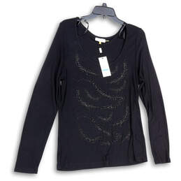 NWT Womens Black Long Sleeve Scoop Neck Studded Pullover T-Shirt Size XL