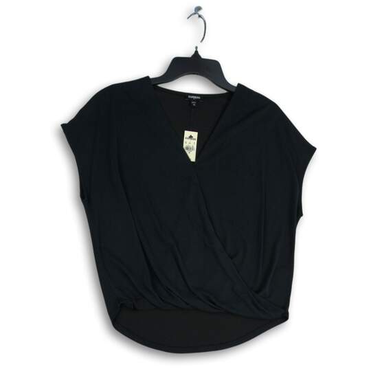 NWT Womens Black Pleated Surplice Neck Cap Sleeve Pullover Blouse Top Size XS image number 1