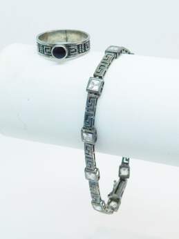 Rustic 925 Black Enamel Inlay Patterned Band Ring & Cubic Zirconia Greek Key Tennis Bracelet 12.5g