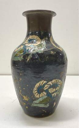 Oriental Meta Vase 8 inch Tall Enameled Etched Decorative Art Vase