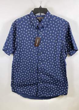 NWT Michael Kors Mens Blue Abstract Cotton Short Sleeve Button-Up Shirt Sz Large