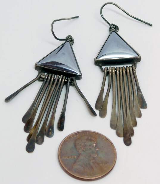 Signed J Hayes 925 Hematite Triangle Cabochon Flat Tassels Drop Earrings 7.6g image number 5