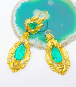 Antique Victorian 18K Yellow Gold Green Glass Dangle Earrings FOR REPAIR 3.6g