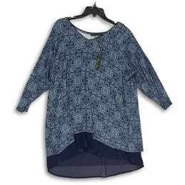 NWT Rose & Olive Womens Blue Printed V-Neck 3/4 Sleeve Pullover Blouse Top Sz 2X
