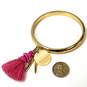 Designer J. Crew Gold Tone Pink Tassel Charm Beaded Classic Bangle Bracelet image number 2