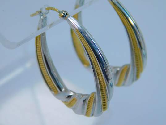 14K Two Tone Yellow & White Gold Textured Oblong Hoop Earrings 3.0g image number 3
