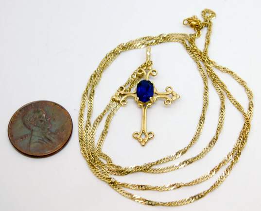 Elegant 14K Yellow Gold Sapphire Cross Pendant Necklace 4.0g image number 6
