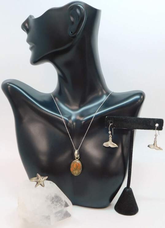 Beachy 925 Sterling Silver Dolphin Tail Drop Earrings Starfish Ring & Jasper Pendant Necklace 9.4g image number 1